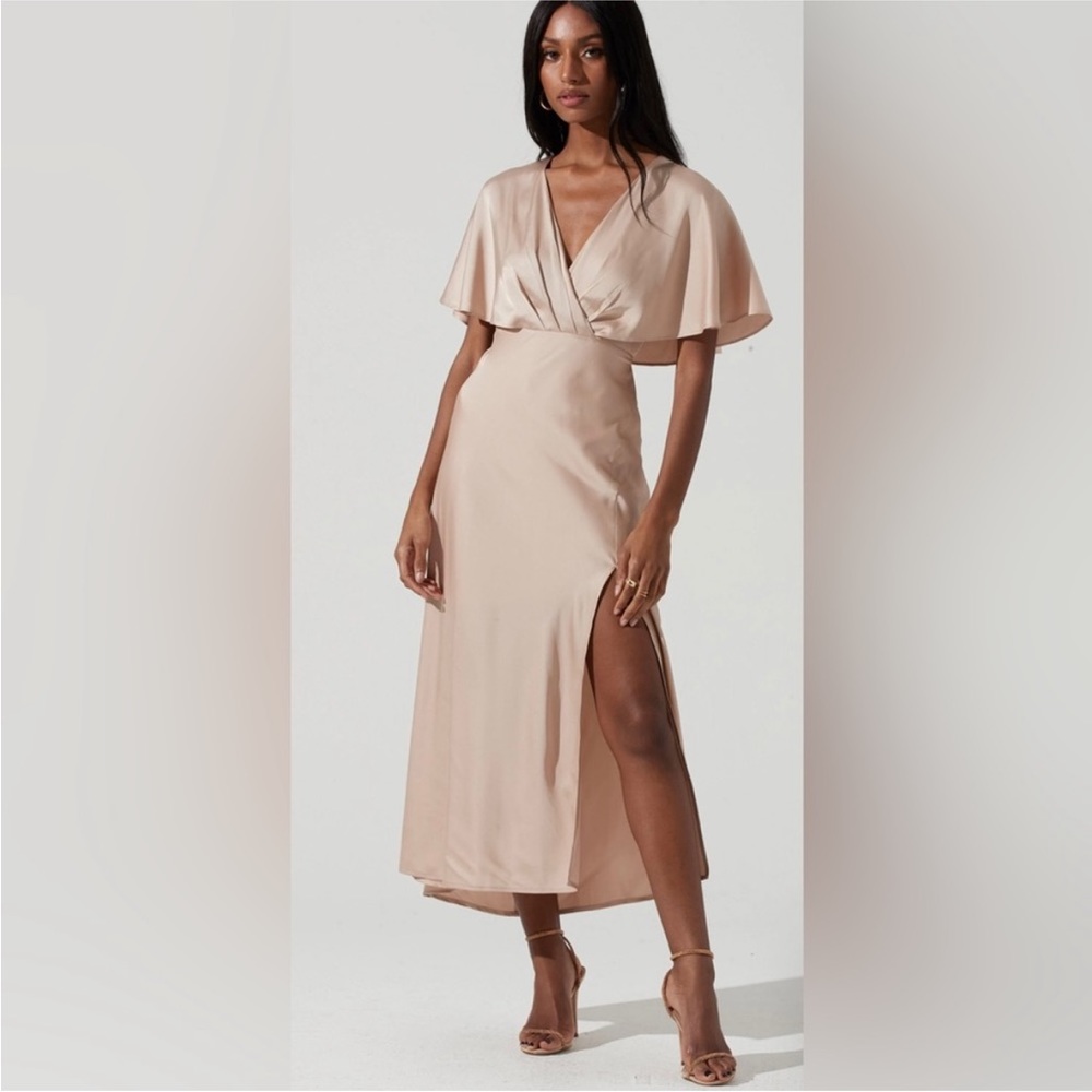 Small ATSR the Label Alessia Satin Flutter Sleeve Midi Dress in Champagne Rose.